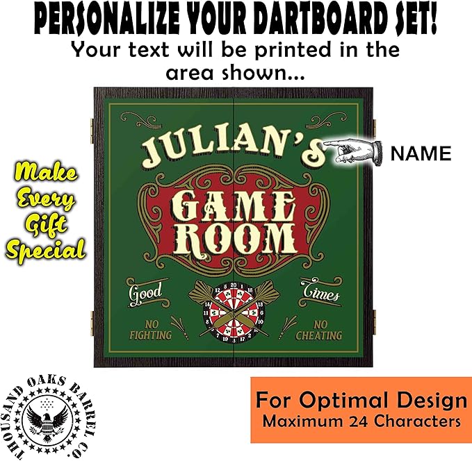 THOUSAND OAKS BARREL CO. | Personalized Dartboard & Cabinet Set with 6 Steel Tip Darts