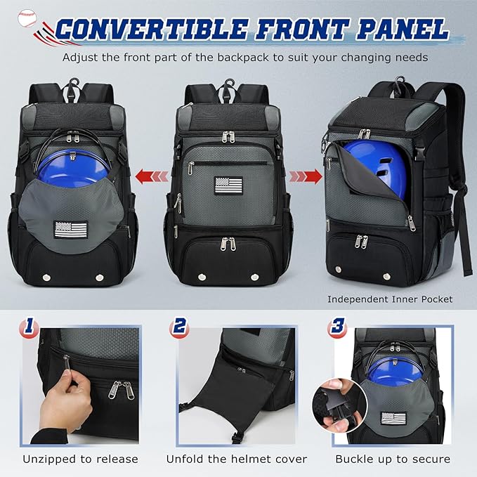 RAINSMORE Baseball Backpack, Lightweight Softball Bag with Shoe Compartment Baseball Bag for Youth & Adult Softball Bat Bag with Fence Hook Helmet Holder Sports Backpack for T-Ball