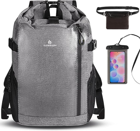 Dry Bag Backpack,25L Dry bags waterproof Kayaking, Waterproof bag with Waist Pouch and Phone Case,Waterproof Backpack Marine dry bag for Kayaking, Beach, Rafting, Boating (Gray)