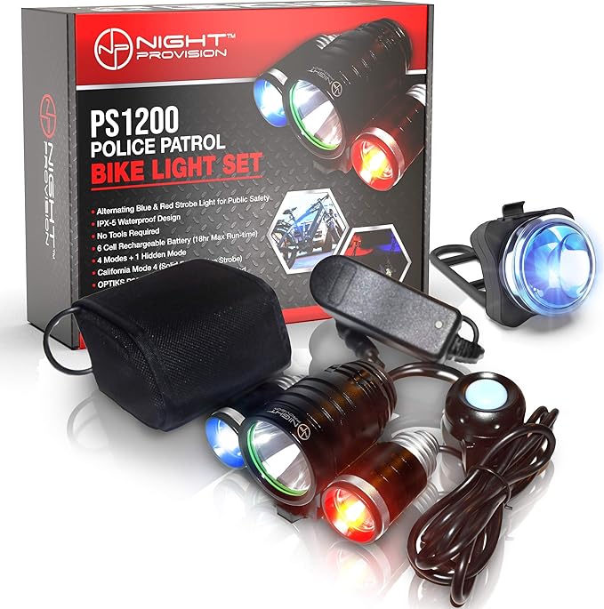 PS1200 Front & OPTIKS P220 Rear Police Patrol Bike Light - Red/Blue Strobe LED - Rechargeable - Water Proof - 5 Modes - for Professional Use Only