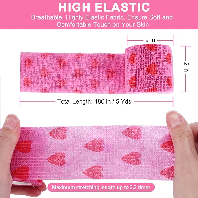 48 Pack Self Adhesive Bandage Wrap, 2” x 5 Yards Cohesive Medical Tape Elastic Grip Tape Black Sports Tape Athletic for Ankle, Wrist Sprains, Pet First Aid (Pink-Heart)