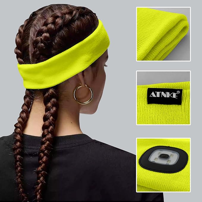 ATNKE 4 LED Lighted Sport Sweatband,USB Rechargeable Running Head Band Lamp High Stretch Wicking Gifts for Men and Women