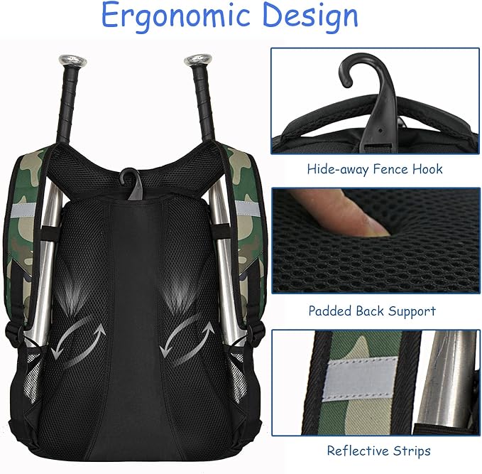 WOLT Youth Baseball Bag - Bat Backpack for Baseball, T-Ball & Softball Equipment & Gear, Bat & Glove Holder, Large Main Compartment for Helmet & accessories, Separate Shoes Compartment, Fence Hook