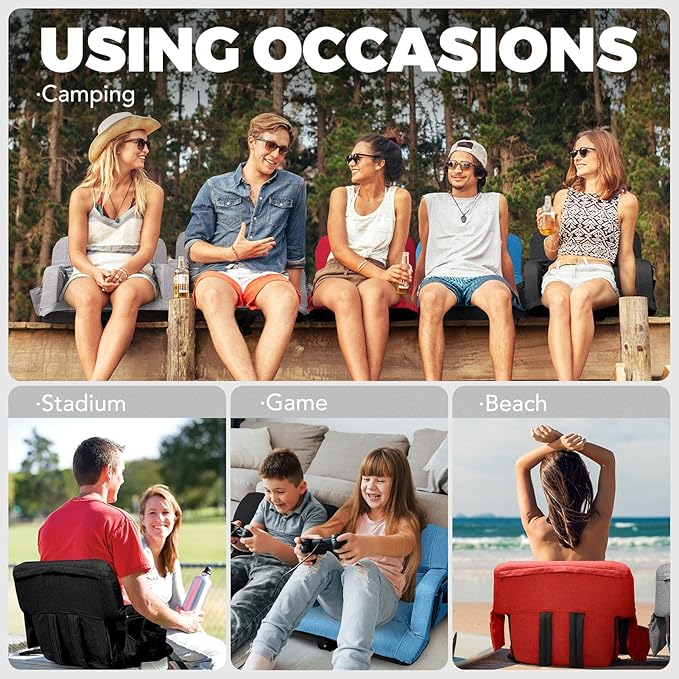 Wide Stadium Seats with Back Support, Exclusive Sofa Style Design Extra Thick Bleacher Chairs with Back and Cushion, 6 Reclining Positions - Ultimate Comfort for Sports Events (Red, 22.5")