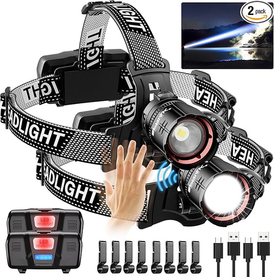 High Lumens LED Headlamp& 100H Using Time, USB Rechargeable Head lamp, 90° Adjustable Widebeam Motion Sensor Head Light with 5 Modes,Zoomable for Camping Running Hiking Hard Hat Headlamps 2pc