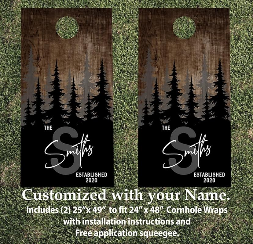 Cornhole Board Wraps Custom Family Name Wood and Trees Theme #725 - Cornhole Skins | Cornhole Graphic Decals - Includes Application Squeegee - Set of (2) 25" x 49” 3M Vinyl Wraps with Gloss Laminate