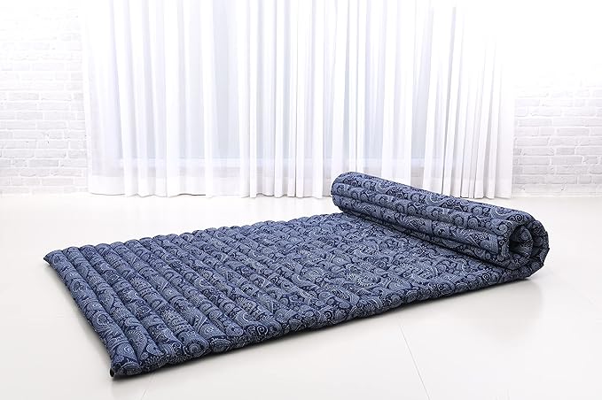 Leewadee - Kapok Roll Mat – Handcrafted Folding Sleep & Relaxation Mattress from Thailand, Ideal as Guest Bed, Camping Mat, Yoga Mat or Traditional Futon, 75 x 39 inches, Blue White