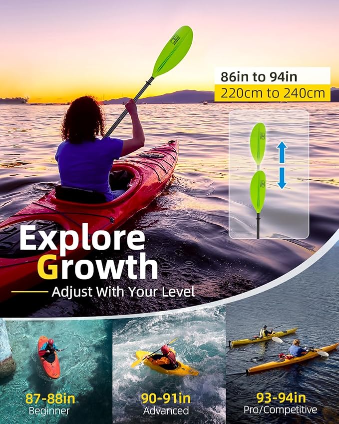 OCEANBROAD Adjustable Carbon Fiber Kayak Paddle 86in/220cm to 94in/240cm Kayaking Oar for Adults with Paddle Leash 1 Paddle