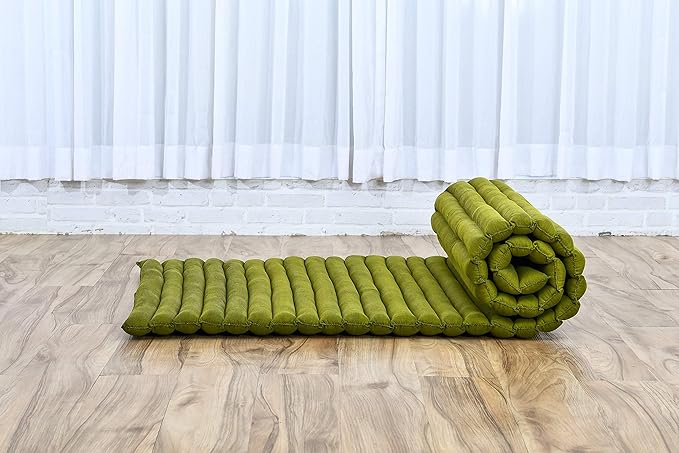 Leewadee - Foldable Floor Mattress - Japanese Roll Up Futon -Trifold Tatami Mat- Guest Floor Bed - Camping Mattress - Thai Massage Mat, Kapok Filled, 75 x 28 inches, Green