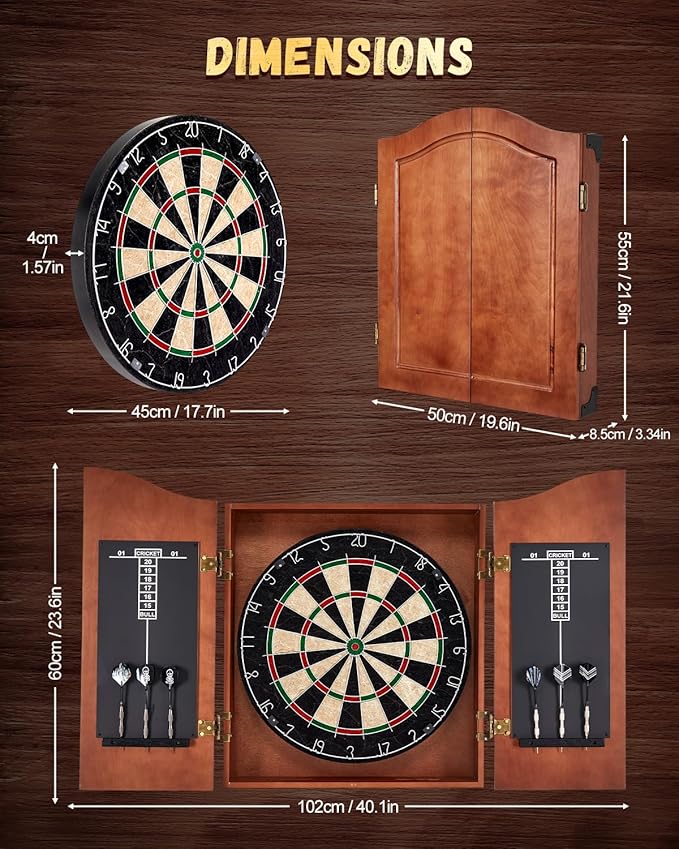 Sisal Dart Board Cabinet Sets, Decorative Dart Boards for Adults [12*Steel Darts] - Wooden Dartboard Cabinet with Integrated Scoreboard for Family Game Rooms