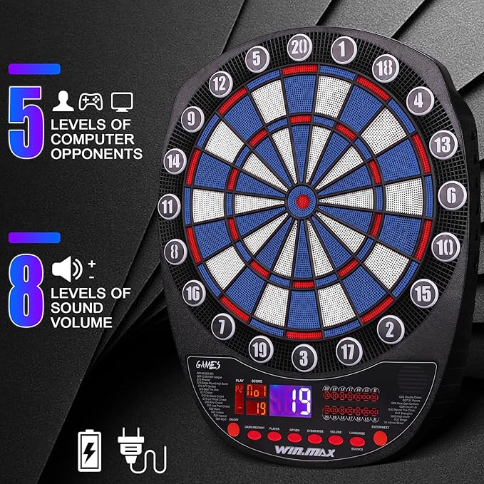 WIN.MAX Electronic Dart Board Soft Tip Dartboard Set LED Displays 3 Languages with 12 Darts 100 Tips Power Adapter
