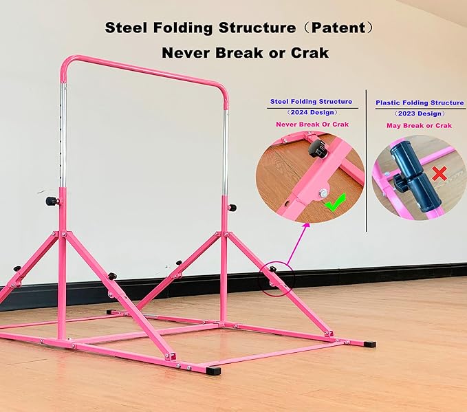 MARFULA Foldable Gymnastic Bar for Kids Ages 3-12, 9 Height Levels, 200 lbs Weight Capacity, 5 Ft Length Gymnastic Kip Bar with Mat, Gymnastic Equipment for Home and Gym Center Indoor Outdoor Use