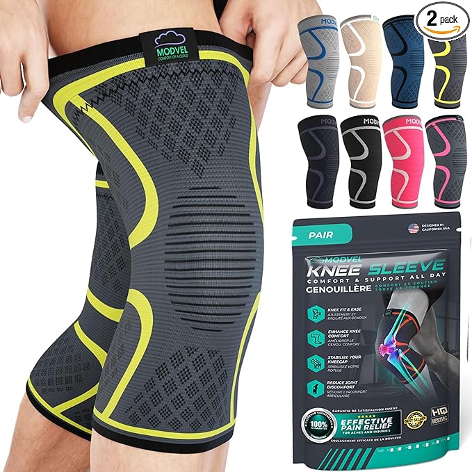 Modvel 2 Pack Knee Brace for Women & Men - Workout Knees Compression Sleeve for Knee Pain Relief Joint Support for ACL, Arthritis, Meniscus Tear Knees Brace for Sports, Rodilleras para Gym Fitness