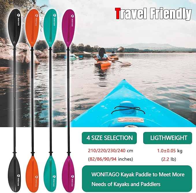Kayak Paddle with Aluminum Shaft and Reinforced PP Blade, Floating Kayak Oar for Kayaking Canoeing and Boating, 220 cm/86 inches - 230 cm/90 inches