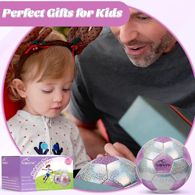 Soccer Ball Size 3 4 5 Glitter Pink Purple Silver with Pump Toddler Soccer Ball for Kids Aged 3-6 6-8 8-12 Outdoor Training Ball for Girls Boys Children Youth Teens