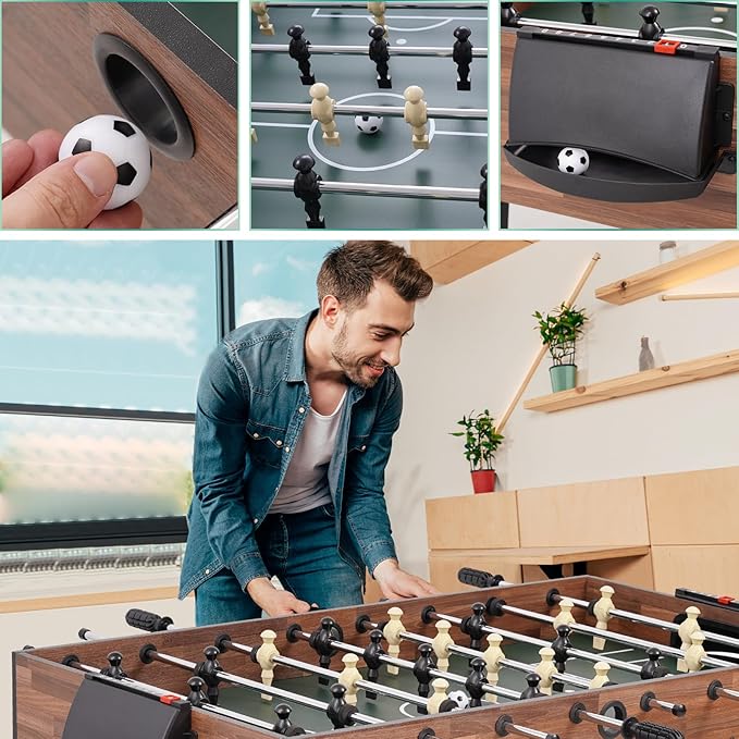 4-in-1 Multi Game Table, 54“ Foldable Combo Game Table Set with Ping Pong, Hockey, Pool Billiards and Foosball for Adults, Home, Game Room, Friends & Family（Dark Wood Grain）