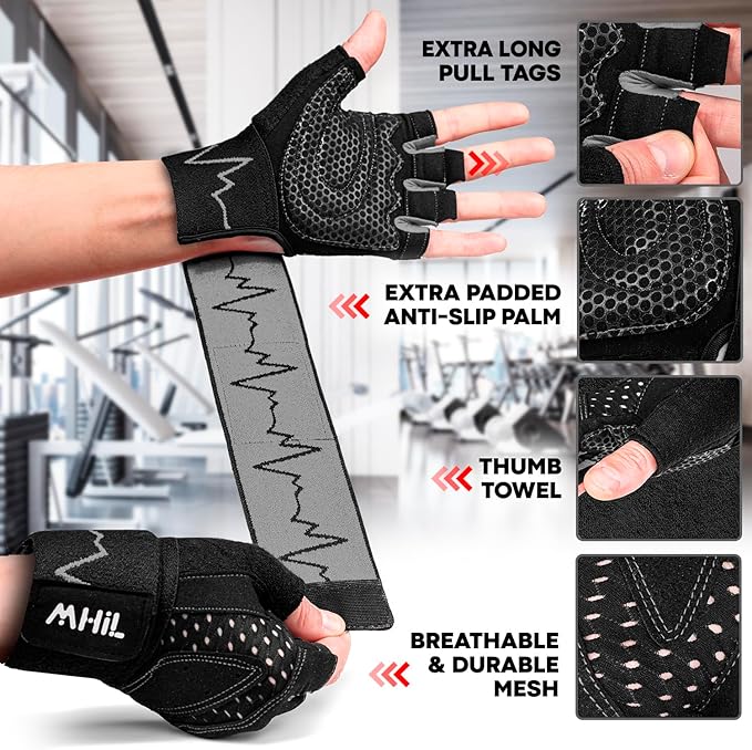 MhIL Workout Gloves for Men – Comfortable Gym Gloves for Men with Enhanced Grip for Safety and Hand Protection – Weight Lifting Protection with Wrist Wraps Support for Performance Boost and Style