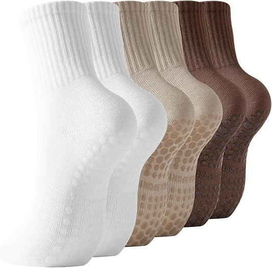 BONANGEL Pilates Socks with Grips for Women, 3 Pairs Womens Grippy Yoga Ballet Barre Hospital Gym Athletic Socks