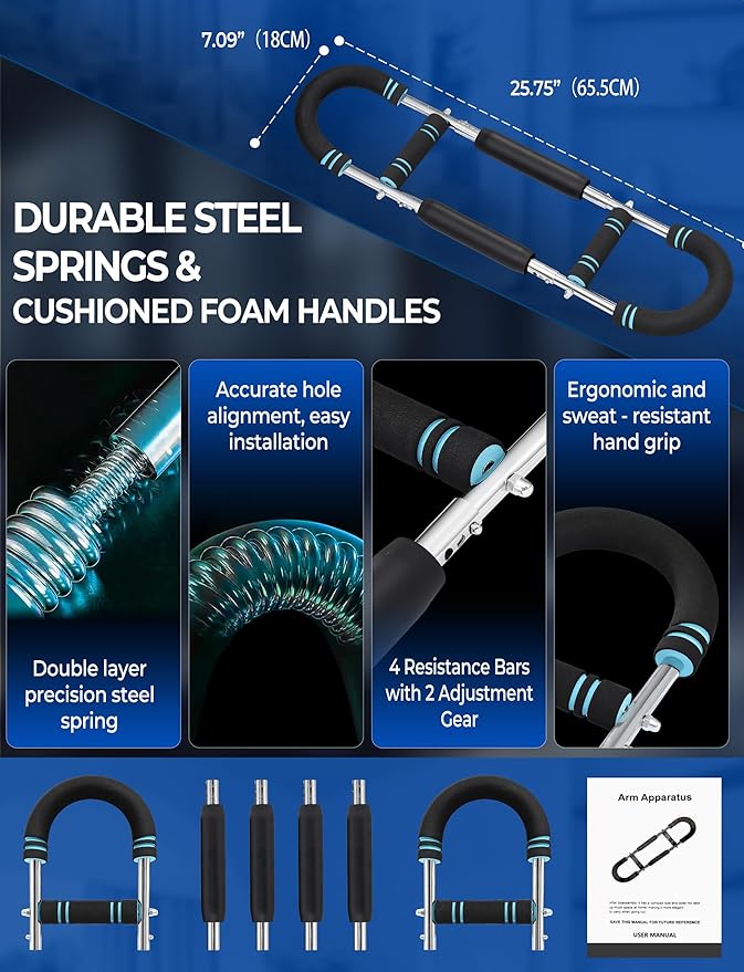 Adjustable Twister Arm Trainer, 4 Spring Chest Workout and Arm Exerciser with 30-110 lbs Resistance for Men, Detachable Home Strength Training Fitness Equipment with Poster