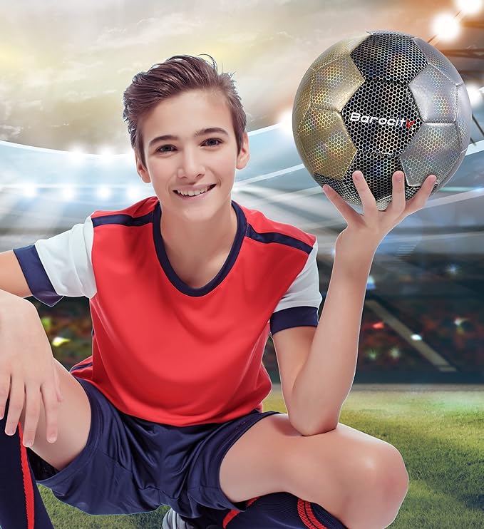 Soccer Ball - Premium Boy and Girl Official Match Ball with Cool Reflective Iridescent Rainbow Hex Pattern, Durable, Indoor, Outdoor, Training, Practice, Playtime and Games