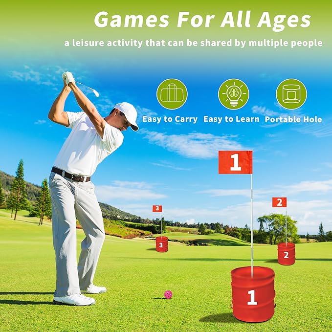 Golf Bucket Yard Game - Outdoor Lawn Games for Adults and Family with 2 Golf Bucket Club, 6 Hole Golf Course, Balls and Flag - Adult Golf Chipping Games for Backyard Beach Park Camping and Hotel