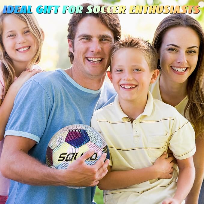 SQUAD Holographic Reflective Soccer Ball Size 5 - Reflective Glowing Ball for Night Games & Training - Durable PU Leather and Rubber Airbags - Cool & Unique Gift for Soccer Fans