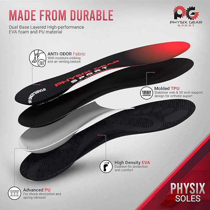 Physix Gear Orthotic Insoles for Men & Women - Arch Support Orthotics Insole, Orthopedic Insoles, Inserts for Men & Women, Foot Insoles for Plantar Fasciitis Comfort, Shoe Insert, Feet, Red/Black, S