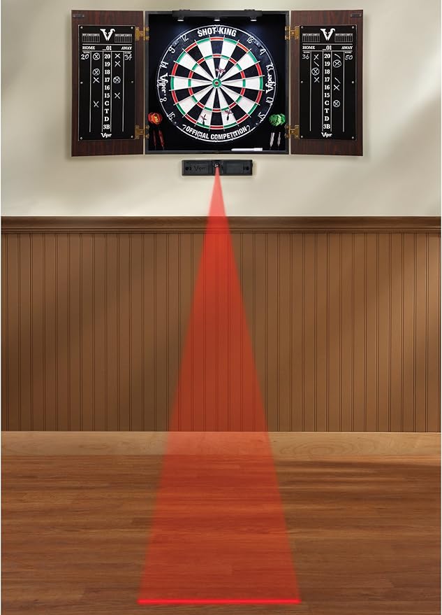 Viper Stadium Cabinet & Shot King Sisal/Bristle Dartboard Ready-to-Play Bundle with Two Sets of Steel-Tip Darts, Throw Line, and Dry Erase Scoreboards, Walnut Finish