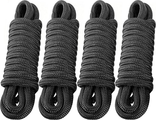 4 Pack 3/4" x 25' Dock Lines - Marine Grade Nylon Boat Rope with 15" Loop for Docking and Mooring - Double Braided Boat Lines, High Strength, Easy Handling, Fray Resistant, Heavy Duty - Black