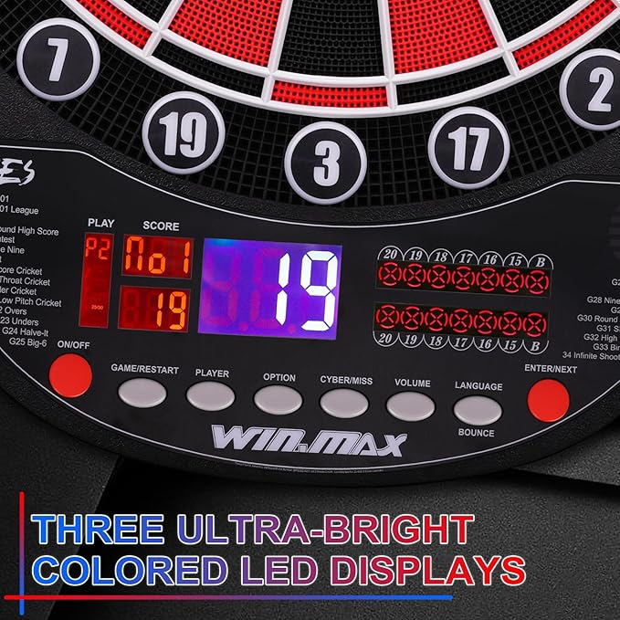 WIN.MAX Electronic Dart Board Soft Tip Dartboard Set LED Displays 3 Languages with 12 Darts 100 Tips Power Adapter