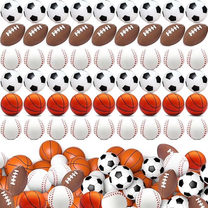 60 Pieces Sports Stress Balls for Kids Mini Footballs Ball, Soccer, Basketball, Baseball Foam Squeeze Stress Balls for Anxiety Relief Relaxation, Sport Party Favor Class Prize Birthday Pet Toys