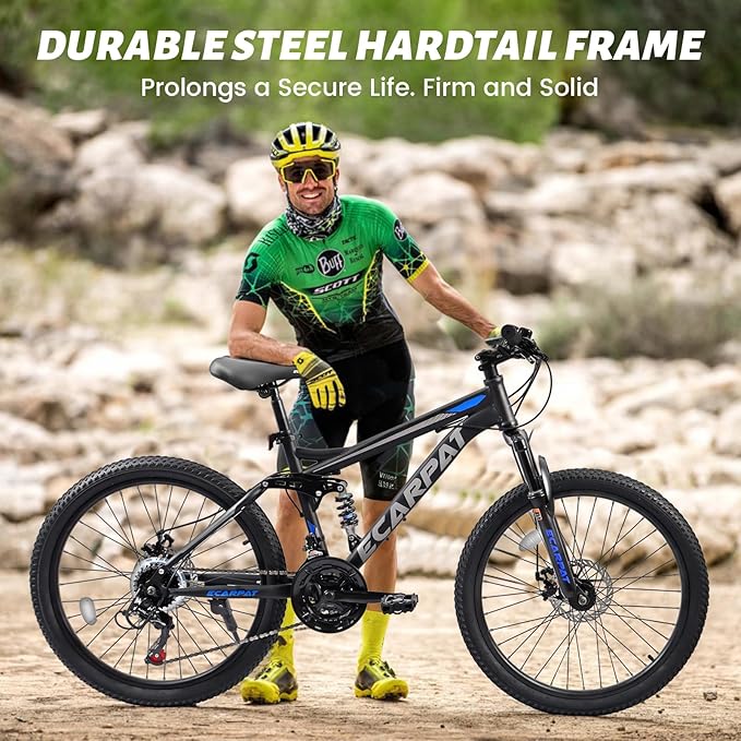 Mountain Bike 24 26 27.5 Inch, Dual Full Suspension Mens Womens Bike, 21 Speeds Dual Disc Brake Carbon Steel Bike, Boys Mens Mountain Bike for School Work Summer Camping, Birthday Gift Choice