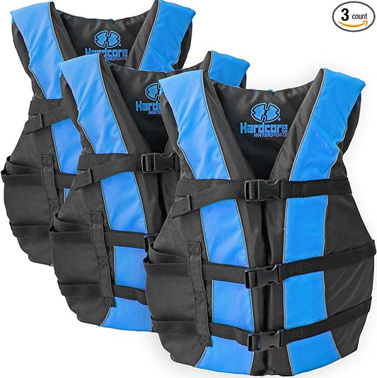 Hardcore Life Jacket 3 Pack Paddle Vest for Adults; Coast Guard Approved Type III PFD Life Vest Flotation Device; Jet ski, Wakeboard, Kayak; Ideal Extra Pontoon Boat Life Jacket