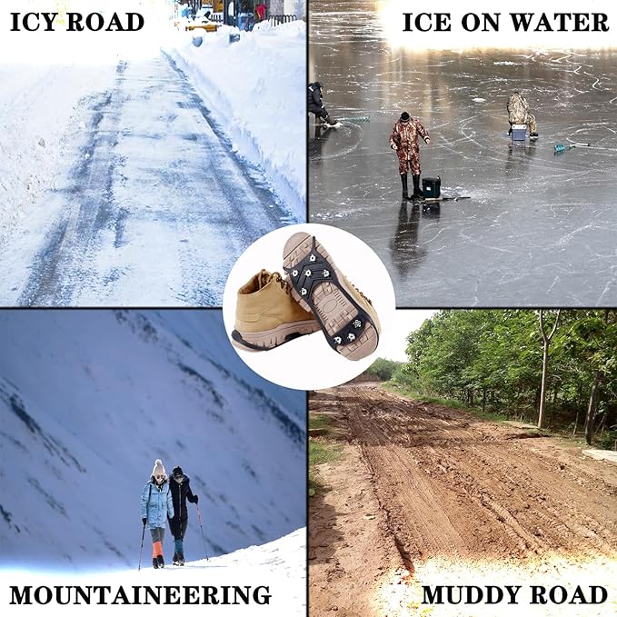 2 Pairs Ice Cleats for Shoes and Boots,Universal 8 Steel Studs Crampon Ice & Snow Grippers for Winter Hiking Climbing Ice Fishing,Anti-Slip