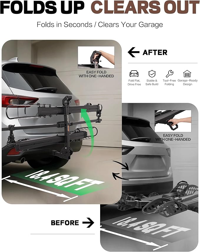 E-Bike Rack with Ramp, Hitch 2 Bike Rack, 200 lbs Capacity Electric Bike Carrier, Foldable Platform Mount for Cars, Trucks, SUVs, Minivans, Up to 5-Inch Fat Tire for 2'' Receiver