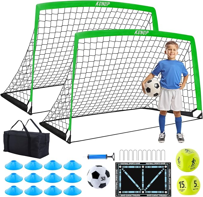 2 Pack Kids Soccer Goal for Backyard Set 5x3FT Portable Pop Up Soccer Net Training Equipment with Soccer Ball, Training Dice Mat, Cones and Carry Bag for Youth Toddler Teams Indoor Outdoor Sport Game