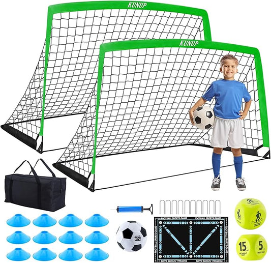 2 Pack Kids Soccer Goal for Backyard Set 5x3FT Portable Pop Up Soccer Net Training Equipment with Soccer Ball, Training Dice Mat, Cones and Carry Bag for Youth Toddler Teams Indoor Outdoor Sport Game