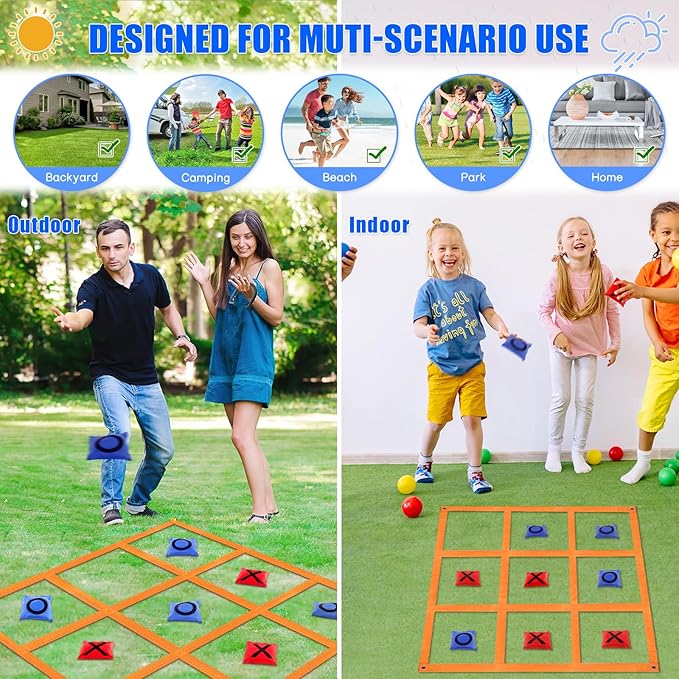 Giant Tic Tac Toe Strap Game Indoor Outdoor, 4 Ft X 4 Ft Portable Tic Tac Toe Bean Bag Toss Game, Large Yard Toss Game Tic Tac Toss Across Camping Games for Kids & Families -Orange