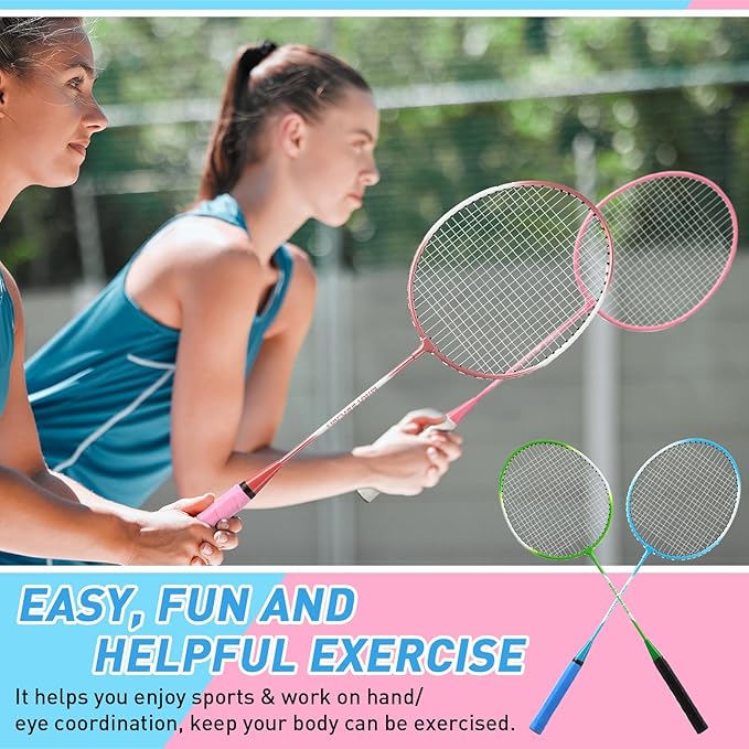 Woanger 8 Pcs Badminton Rackets Set with 12 Shuttlecocks, Lightweight Badminton Set of 4 for Adults Backyard Gym Beach Outdoor Games