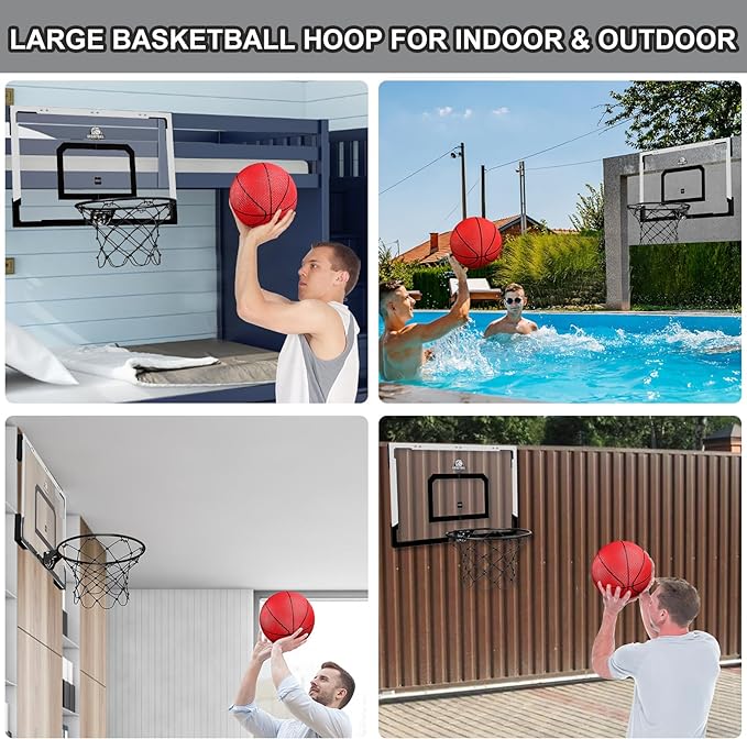 24" x 16" Large Basketball Hoop Indoor for Adults, Over The Door Basketball Hoop with Sturdy Backboard, Big Basketball Toys Gifts Ideas for Man Kids Teens Boys Girls, Black