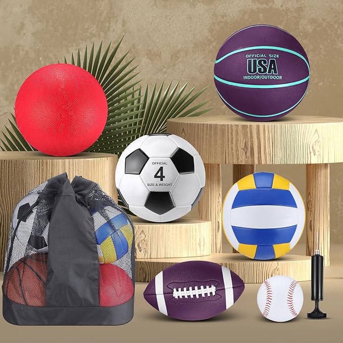 Realspring 6 Pcs Multi Sport Ball Set for Kid Teen Operation Christmas Official Size Football, Basketball, Soccer, Volleyball, Playground Ball, Baseball with Sports Equipment Bag Pump