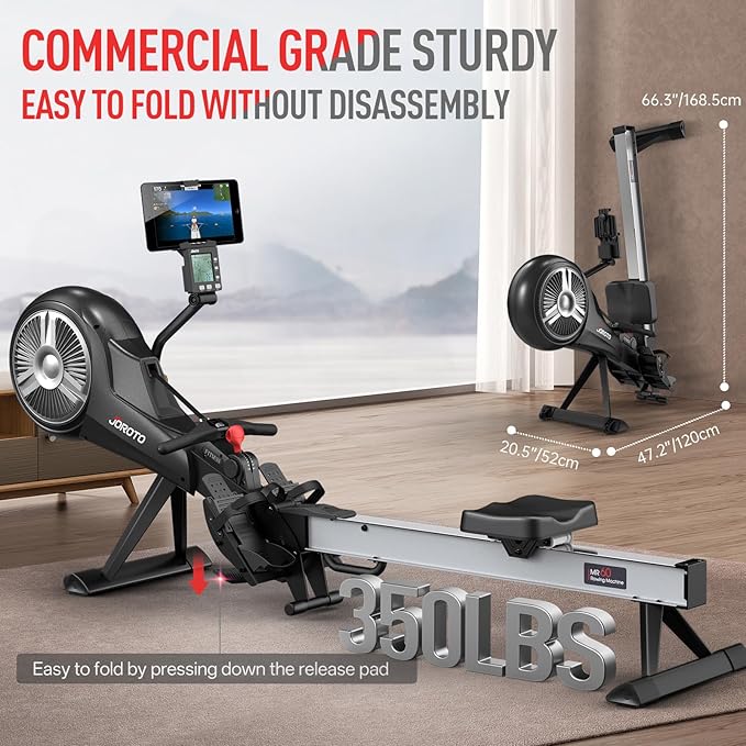 Rowing Machine for Home JOROTO Air Magnetic Rowing Machines for Home Foldable with 49.5" Rail, Backlit Monitor, Bluetooth, App Supported, Tablet Holder Rower Machine
