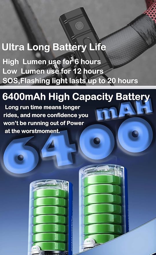 Bike Lights 6400 mAh USB C Rechargeable Bike Lights Set, Super Bright 3LED 3000LM Bicycle Light for Night Riding, Waterproof Bike Headlight and Tail Light Set Accessories for Road and MTB