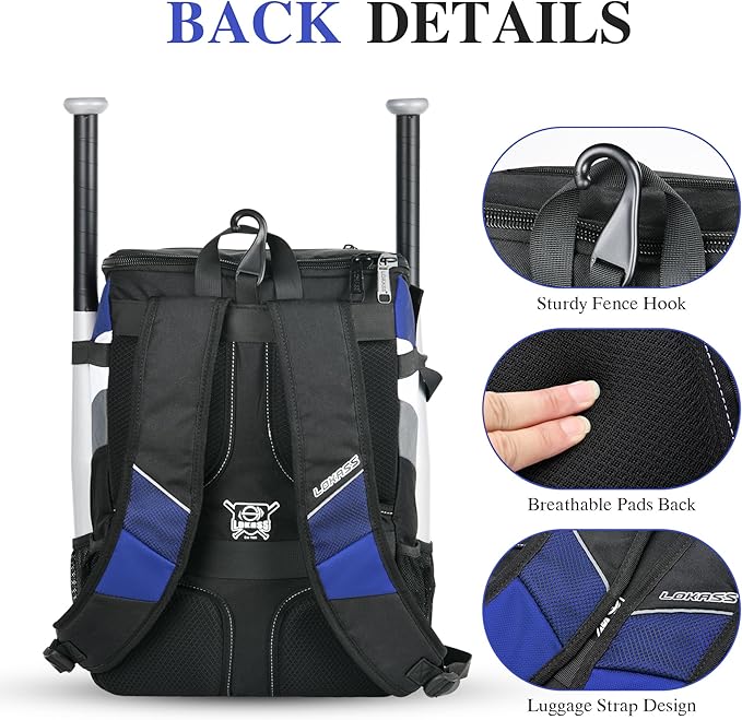Baseball Backpack for Adult and Youth, Large Capacity Lightweight Softball Bag With Shoe Compartment and Fence Hook for TBall Bat & Equipment, Waterproof for Helmet, Gloves