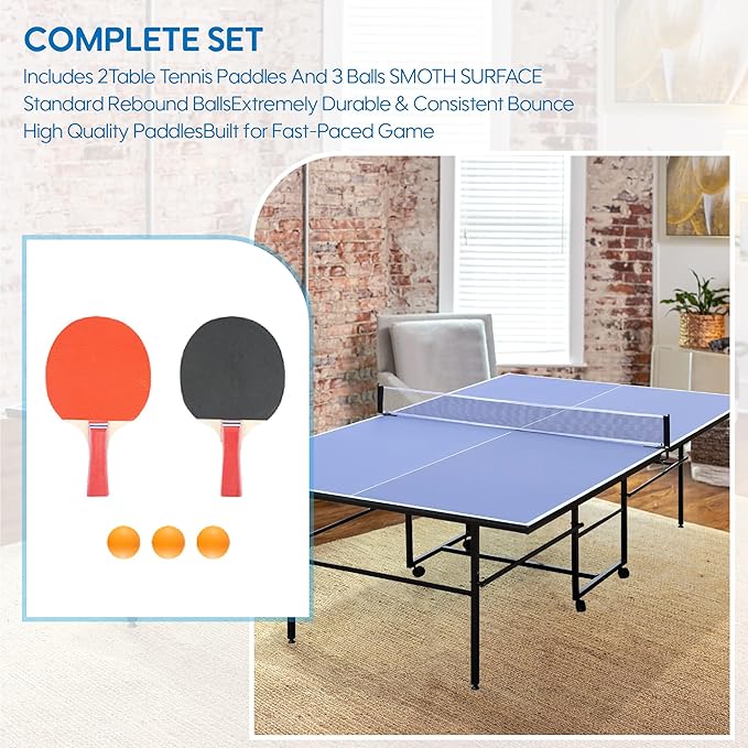 9FT Mid-Size Table Tennis Table, Professional Foldable Ping Pong Table for Indoor & Outdoor with Net, 2 Table Tennis Paddles and 3 Balls - Perfect for Family Game Rooms