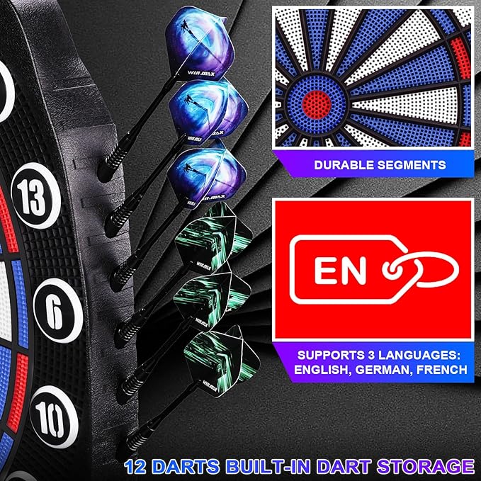 WIN.MAX Electronic Dart Board Soft Tip Dartboard Set LED Displays 3 Languages with 12 Darts 100 Tips Power Adapter