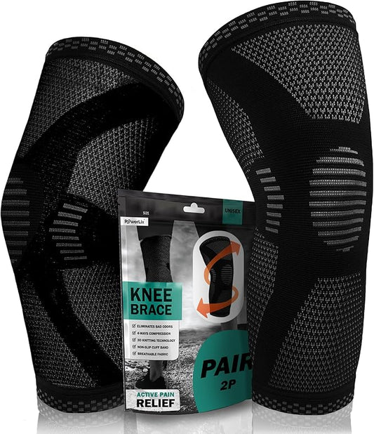 POWERLIX Knee Compression Sleeve (Pair) - Best Knee Brace for Knee Pain for Men & Women – Knee Support for Running, Basketball, Volleyball, Weightlifting, Gym, Workout, Sports - (Black M)