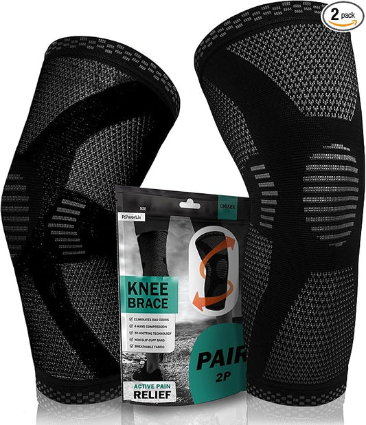 POWERLIX Knee Compression Sleeve (Pair) - Best Knee Brace for Knee Pain for Men & Women – Knee Support for Running, Basketball, Volleyball, Weightlifting, Gym, Workout, Sports L (BLCK) (2P)
