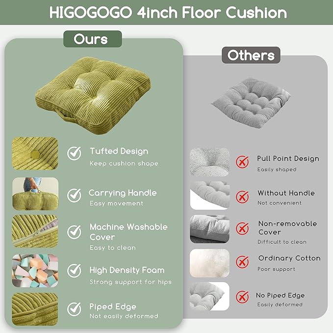 Washable Floor Pillow Cushion for Adults, Meditation Cushion Pillow, Large Square Floor Sitting, Removable Tufted Corduroy Cover, for Tatami Living Room or Yoga, 22x22 Inch, 2Pack, Machine Washable