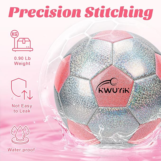 Soccer Ball Size 3 4 5 Glitter Pink Purple Silver with Pump Toddler Soccer Ball for Kids Aged 3-6 6-8 8-12 Outdoor Training Ball for Girls Boys Children Youth Teens